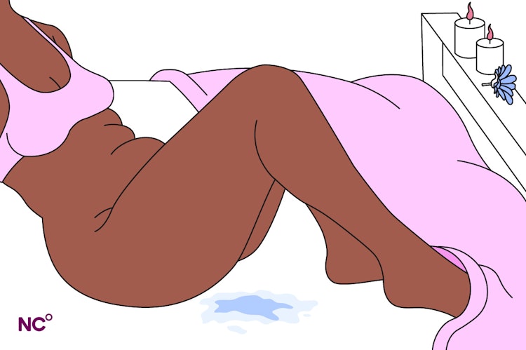Illustration of a woman on her bed with a pool of wetness on the sheets