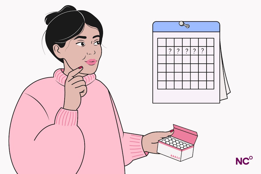 Illustration of a woman holding a box of tampons looking at a calendar