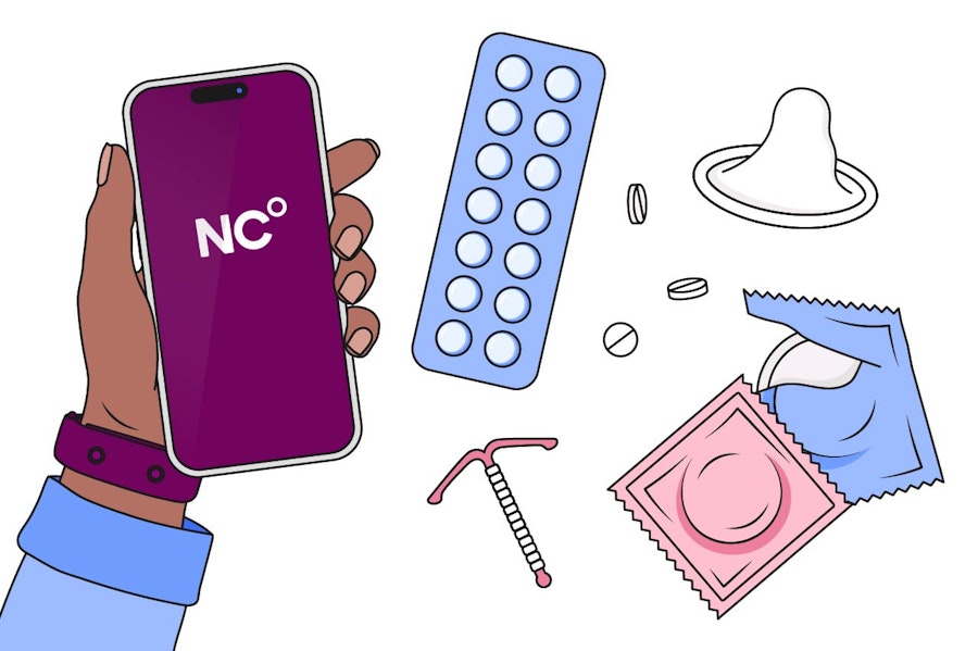 Illustration of types of birth control without estrogen, including Natural Cycles, the mini pill, condoms and the copper IUD