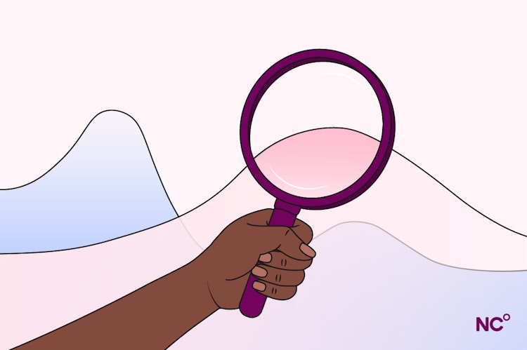 Illustration of a magnifying glass looking at undulating curves of pink and blue