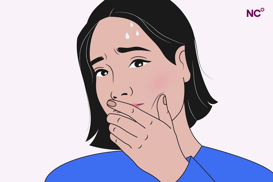 Illustration of a woman holding a hand over her mouth with sweat running down her forehead