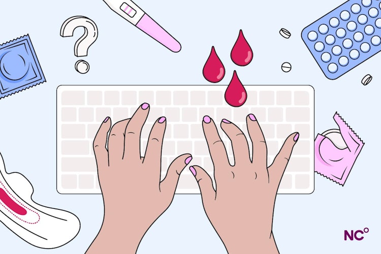 Illustration of hands typing on a keyboard surrounded by tampons, pills, condoms and pregnancy tests