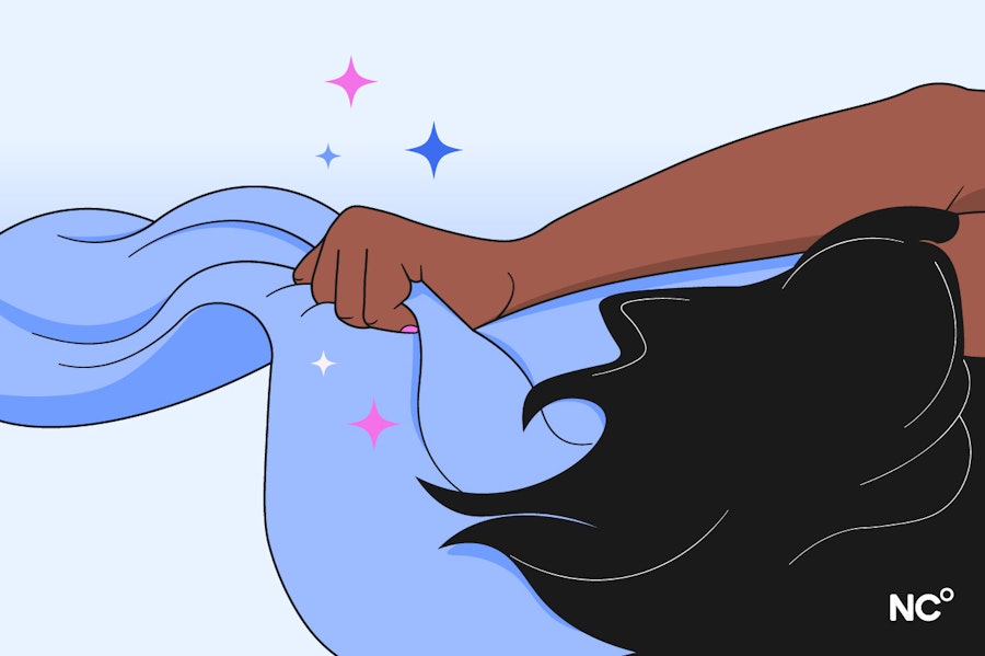 Illustraton of a woman's naked arm holding a blanket with stars around her