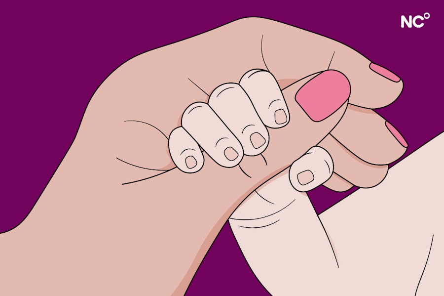 Illustration of a mother holding a newborn baby's hand