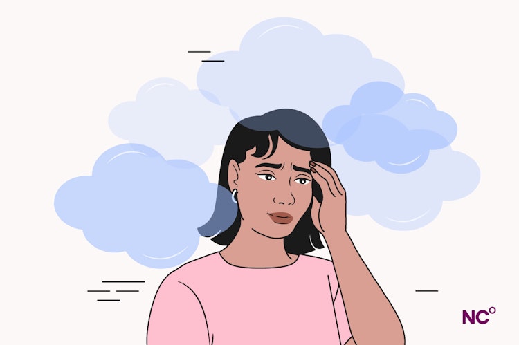 Illustration of a woman with her head in a blue foggy cloud