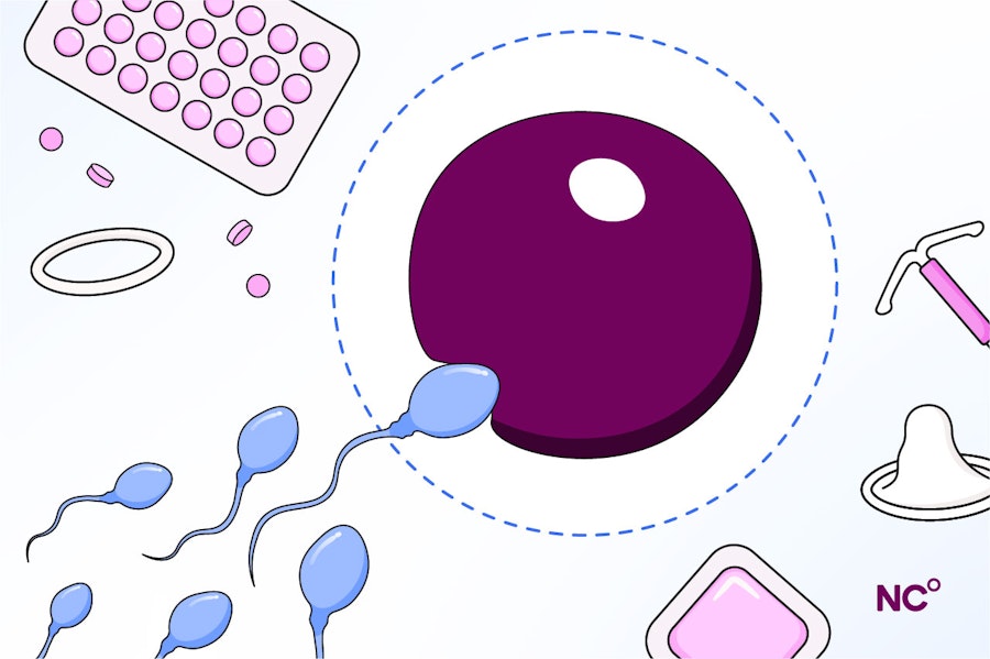 illustration of sperm swimming towards an egg cell with different birth control methods (e.g. pills, IUDs, condoms) floating in the background
