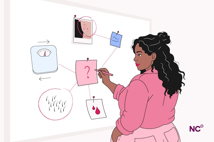 Illustration av kvinna som står vid en tavla och försöker förstå sina symtom, t.ex hårväxt, viktuppgång, acne, oregelbundna blödningar