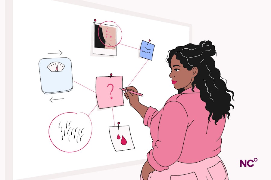 Woman looking at a whiteboard trying to understand her symptoms, which include hair growth, irregular bleeding and skin changes (all symptoms of PMOS)