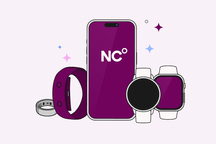 Illustration showing a phone with four compatible measuring devices for use with Natural Cycles: Oura Ring, NC° Band, Garmin smartwatch and Apple Watch