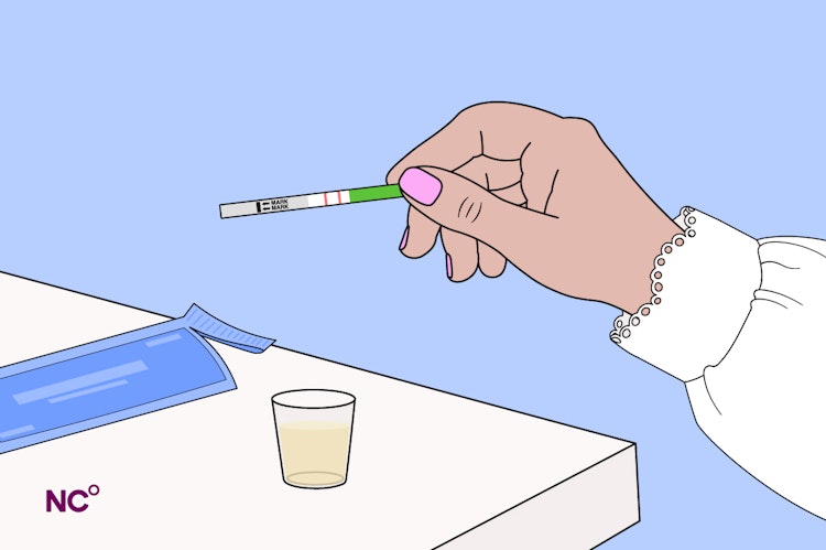 Illustration of a hand holding an ovulation strip test next to a cup of urine