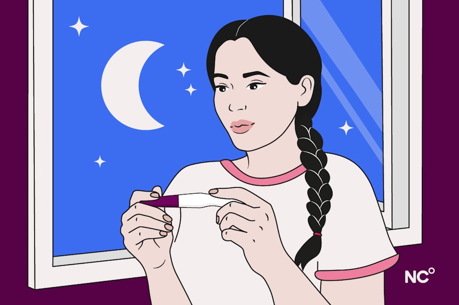 Illustration of a woman standing by a window with the moon outside, she is holding a pregnancy test