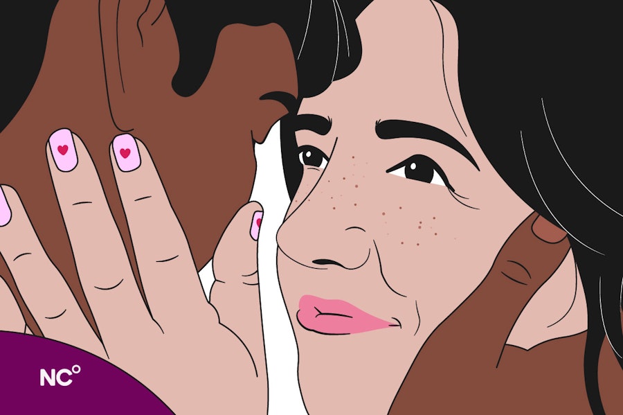 Up-close illustration of a couple holding each others faces