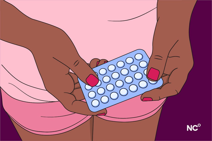 Illustration of a woman from the holding a packed of birth control pills in her hands