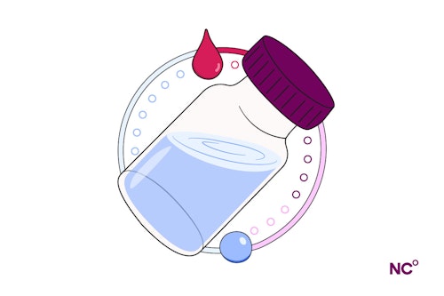 Illustration of a bottle of liquid over a menstrual cycle