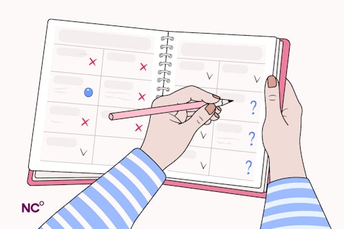 Illustation of a calender with cycle days marked and someone writing in it