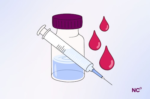 Illustration of a syringe, bottle with liquid and drops of blood