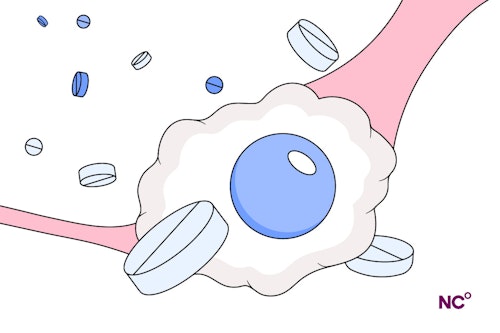 Illustration of a follicle with an egg cell surrounded by pills