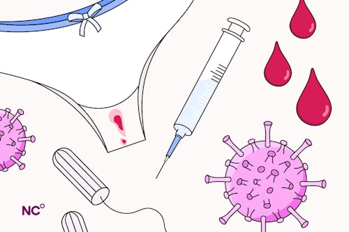 Illustration of a syringe, bloody panties, covid virus, tampongs and blood drops
