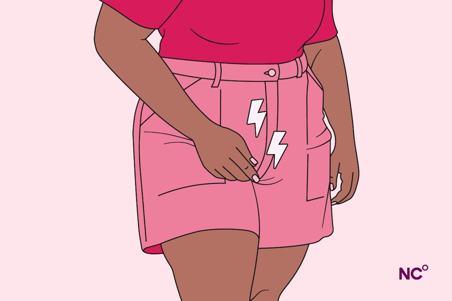 Illustrations of a woman from the waist down wearing pink shorts with a lightning bolt in her crotch area