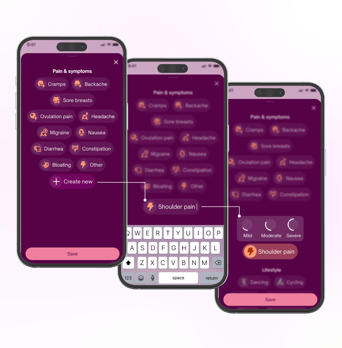 Set of three phone screens showing how to add shoulder pain as a custom tracker in the Natural Cycles app and how to log the severity of it