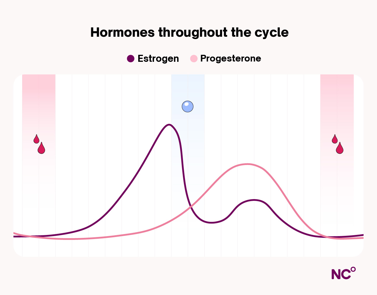 Graph showing how hormones shift throughoth the menstrual cycle with estrogen peaking begore ovulation and progesterone declining before menstruation
