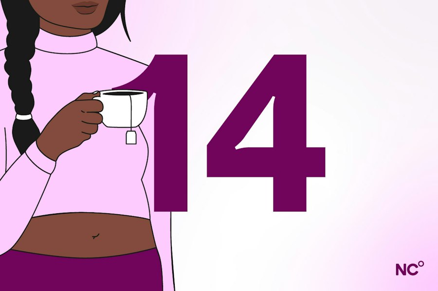 Woman holding a cup of tea with the number 14