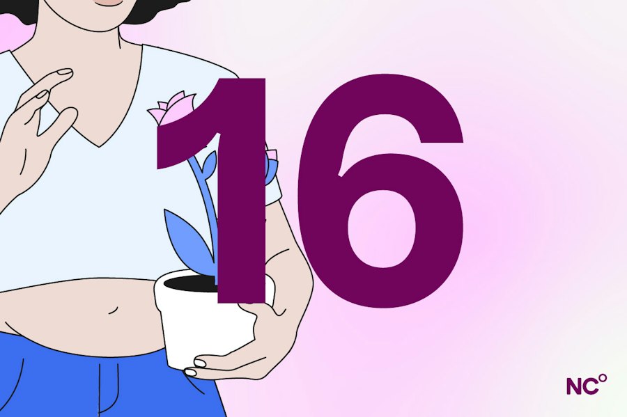 woman holding a flower in a pot with the number 16