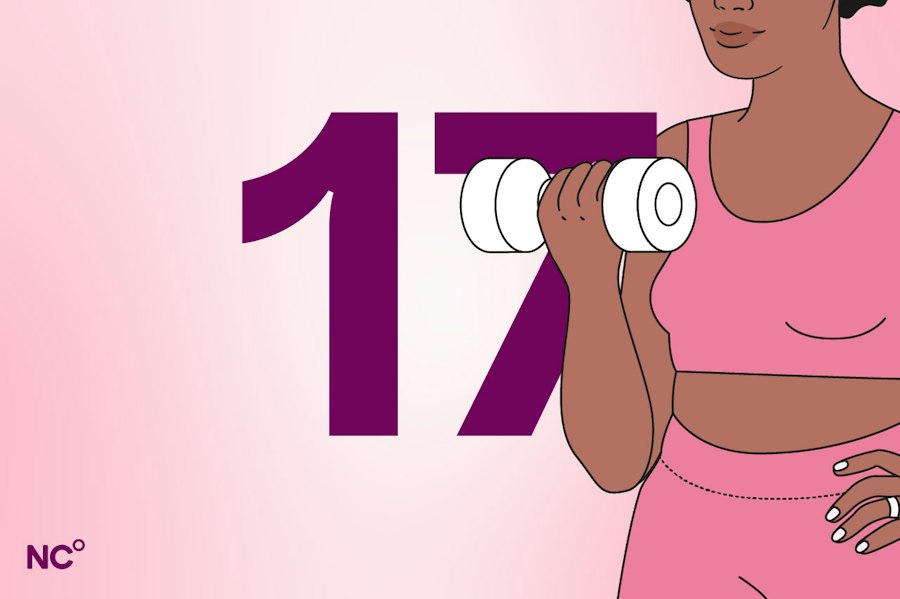 woman holding a weight in her left hand with the number 17