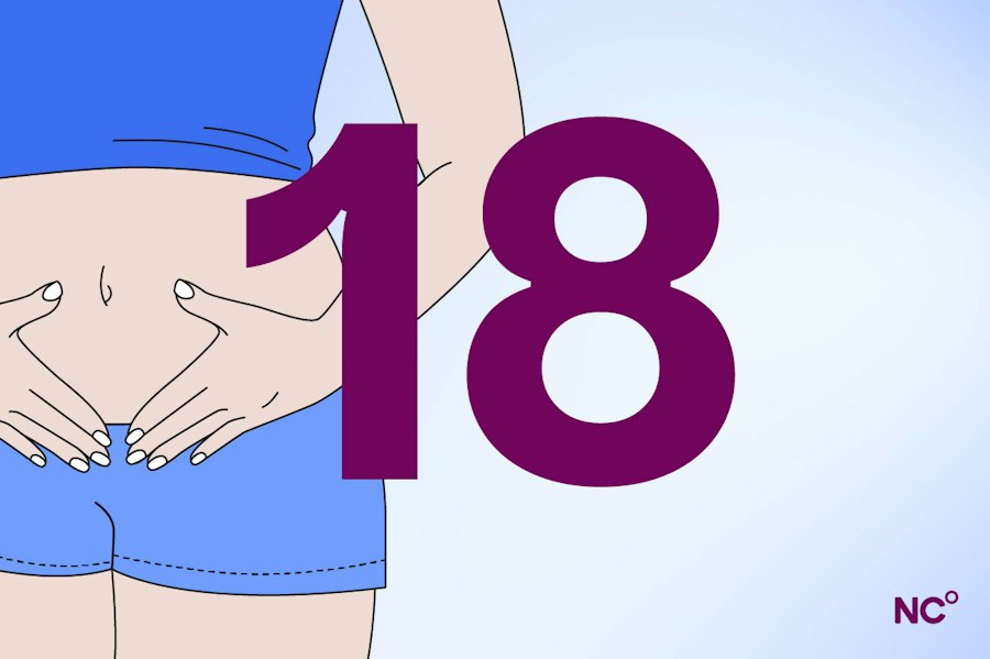 woman holding her tummy in her underwear with the number 18