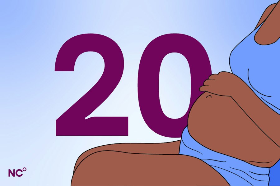Woman in her underwear holding her pregnant belly next to the number 20