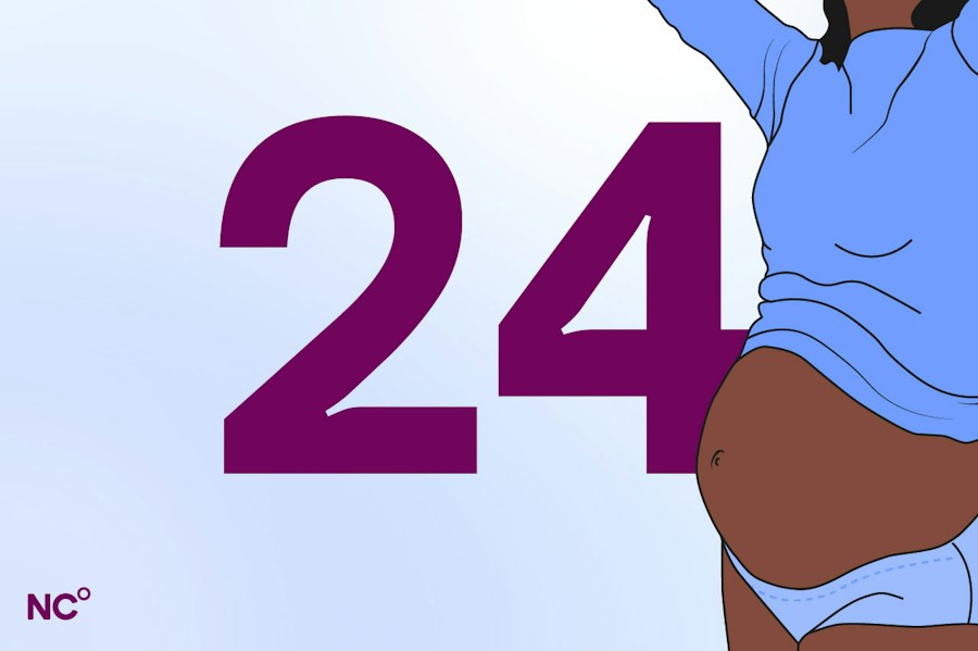 Woman stanfing in a jumper and underwear with her pregnant belly showing next to the number 24