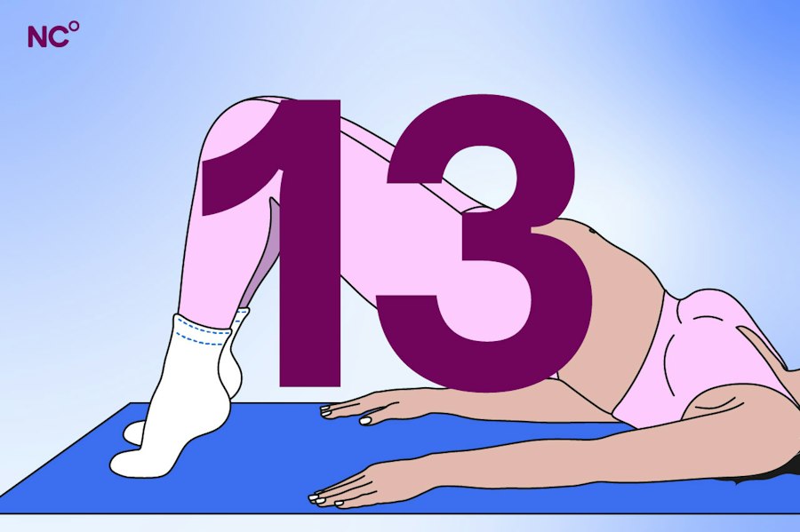 Woman doing yoga with a number 13