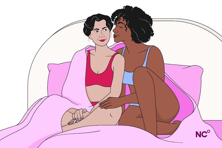 Illustration of two women cuddling in their underwear in bed