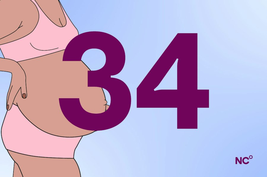 Pregnant woman in her underwear next to the number 34