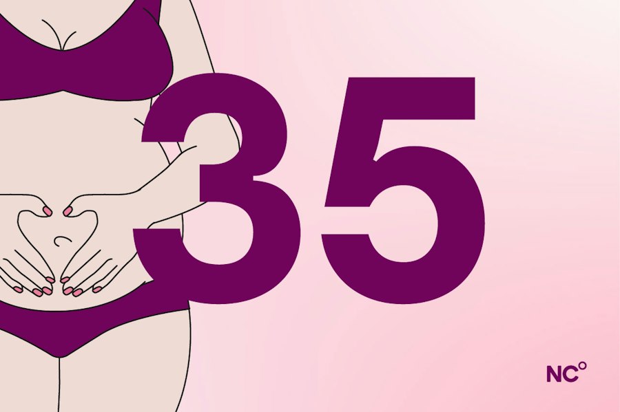 Pregnant woman in her underwear standing next to the number 35 Pregnant woman standing in her underwear next to the number 35