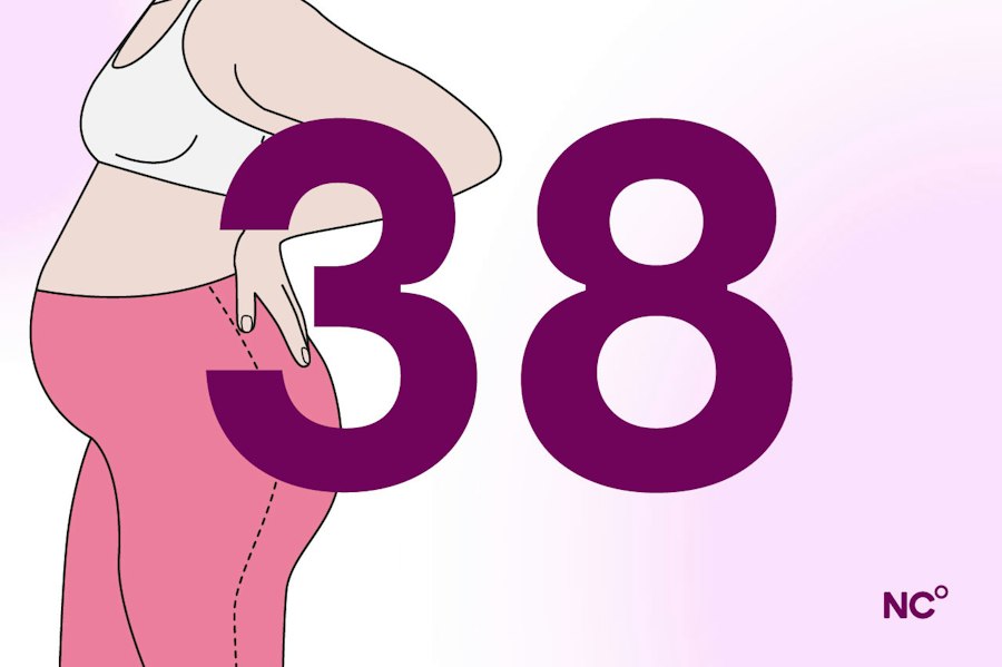 pregnant woman standing in her bra and sweat pants next to th enumber 38