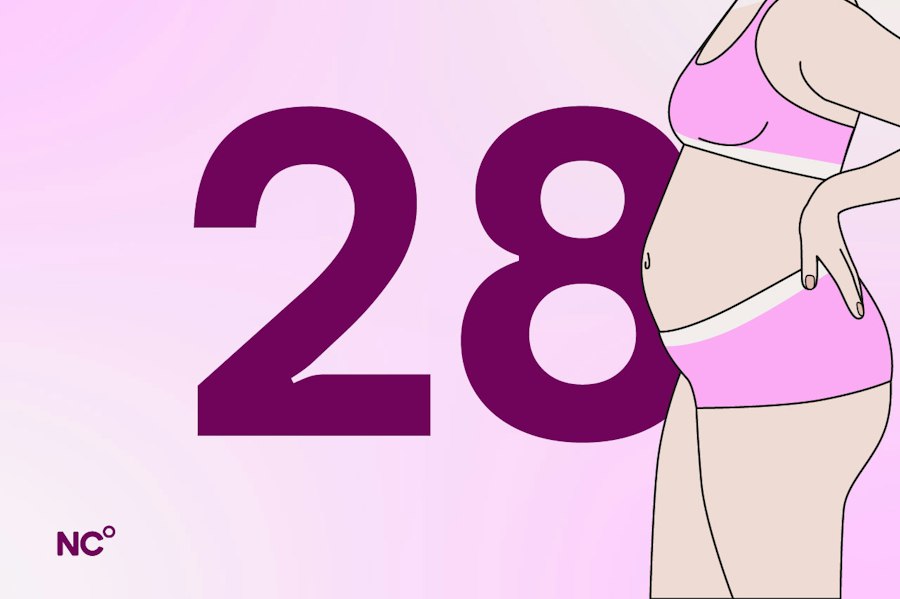 Pregnant woman in her underwear standing next to the number 28