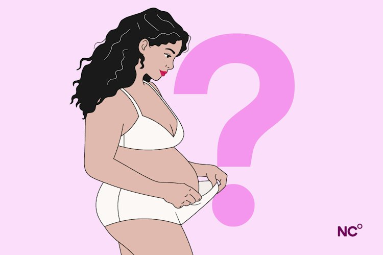 Illustration av en gravid kvinna som tittar i sina trosor