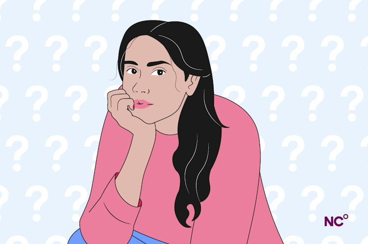 Woman looking thoughtful with question marks in the background
