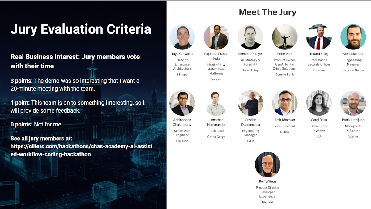 A presentation slide outlining jury evaluation criteria, where the highest score is awarded for solutions that warrant a follow-up meeting with the team.