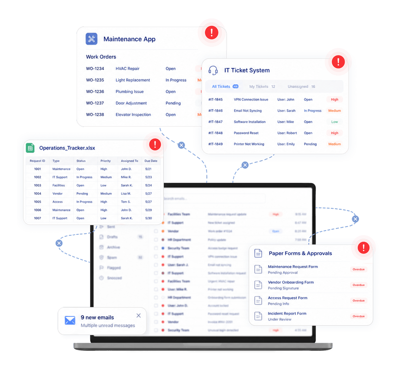 Scattered tools and dashboards illustration