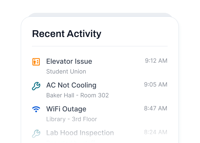 Higher education recent activity feed preview
