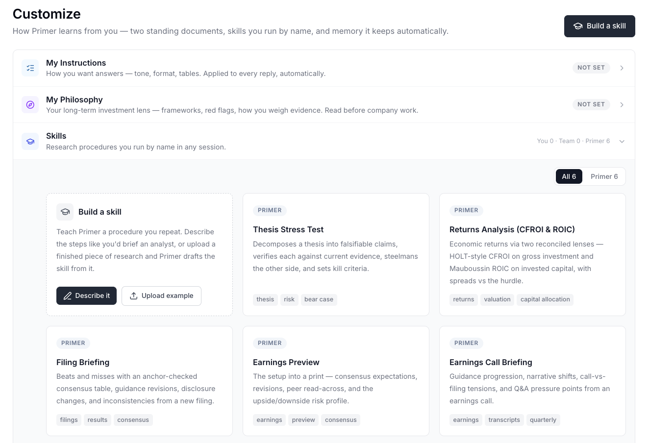 The Customize page in Primer Studio: My Instructions and My Philosophy at the top, with a grid of Skills below