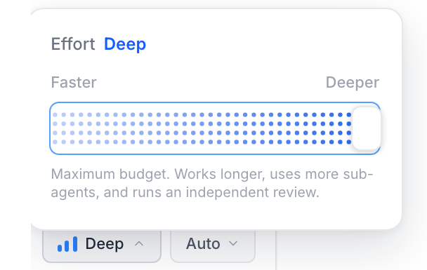 The effort panel open on Deep above the composer chips