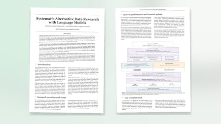 The first two pages of the Systematic Alternative Data Research with Language Models paper, including its research architecture