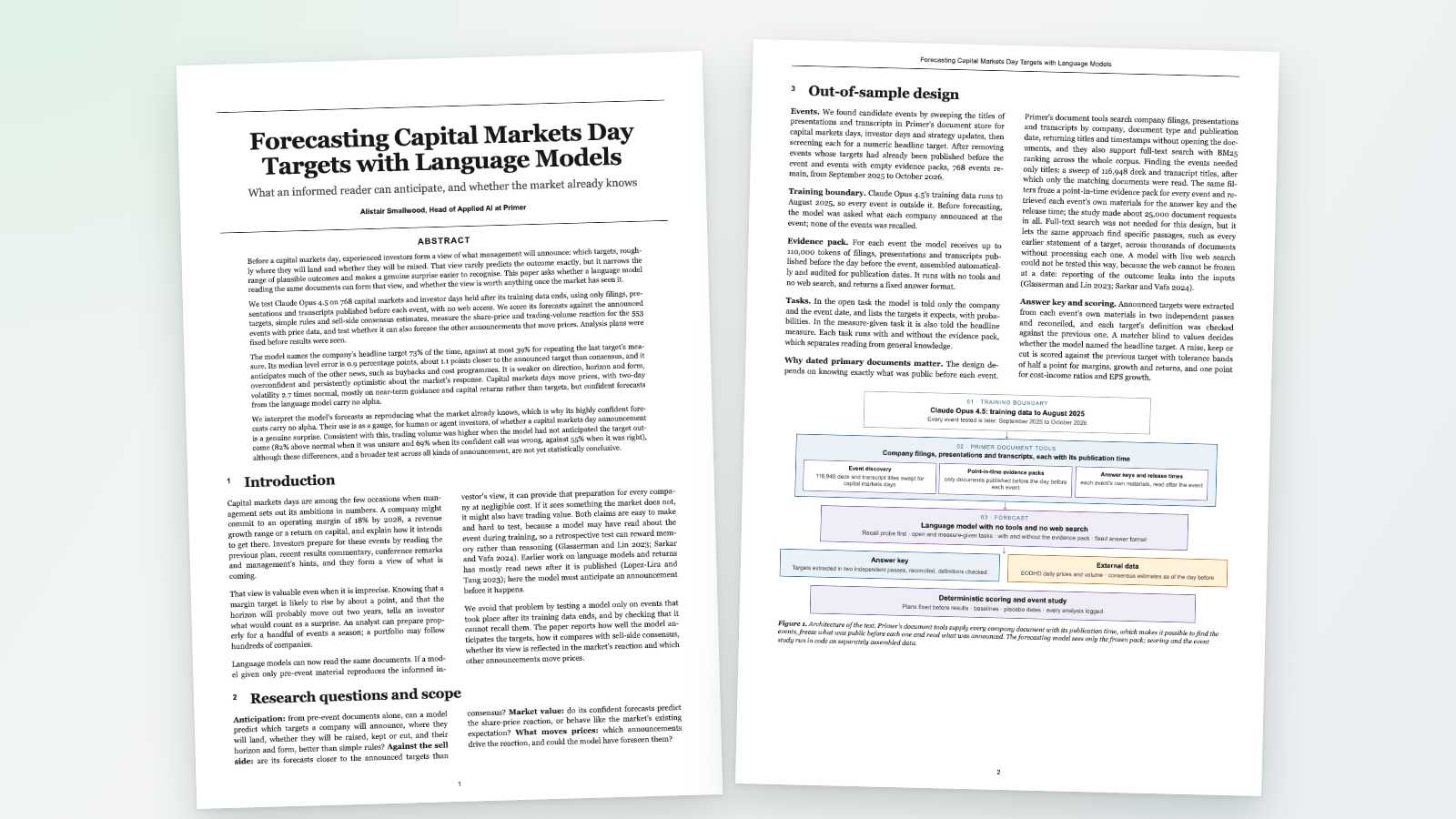 The first two pages of the Forecasting Capital Markets Day Targets with Language Models paper, including its test architecture