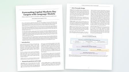 The first two pages of the Forecasting Capital Markets Day Targets with Language Models paper, including its test architecture