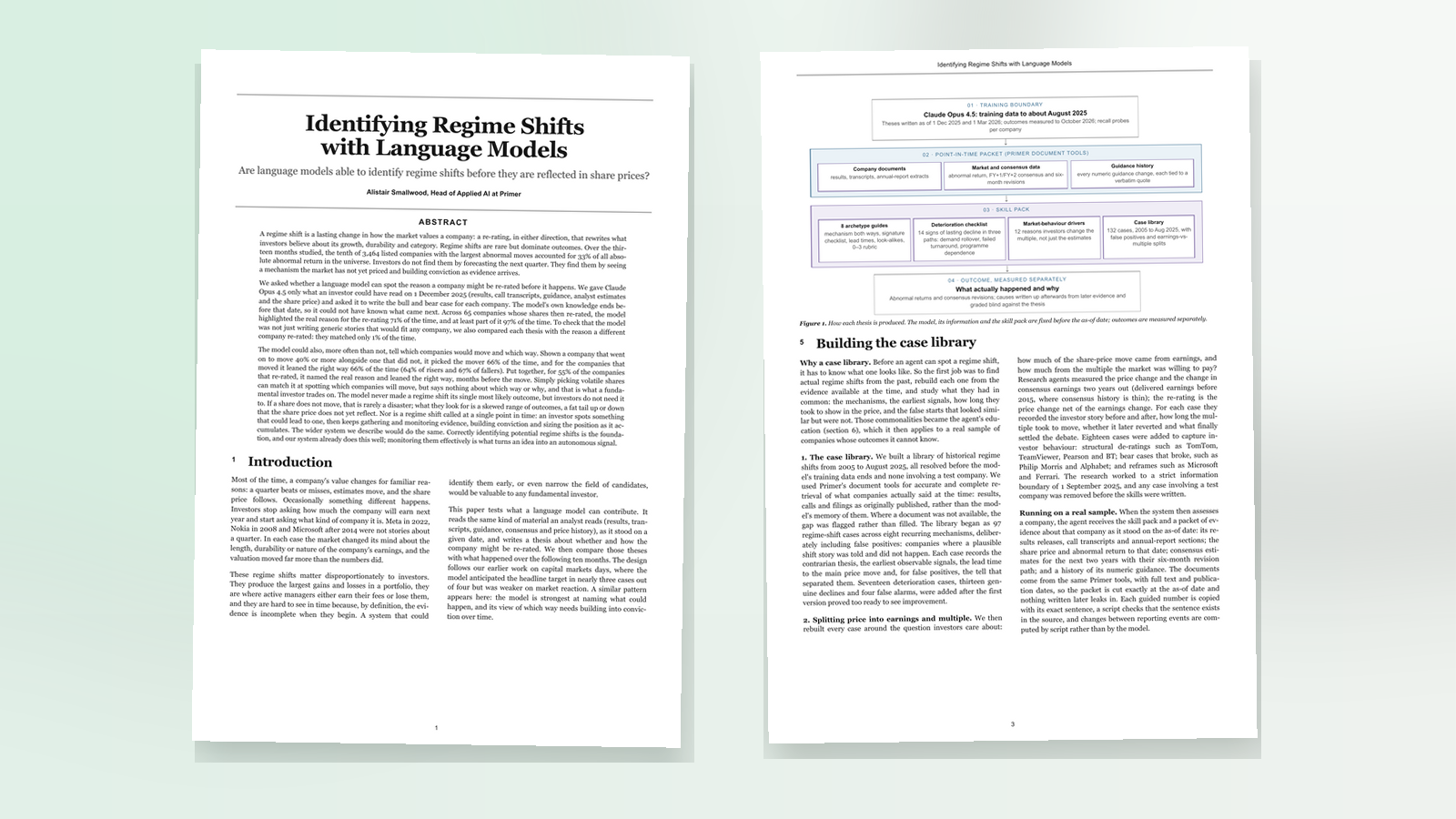The first page of the Identifying Regime Shifts with Language Models paper and its test architecture
