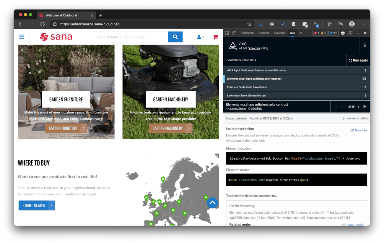 Contrast check van een accessibility review van een website