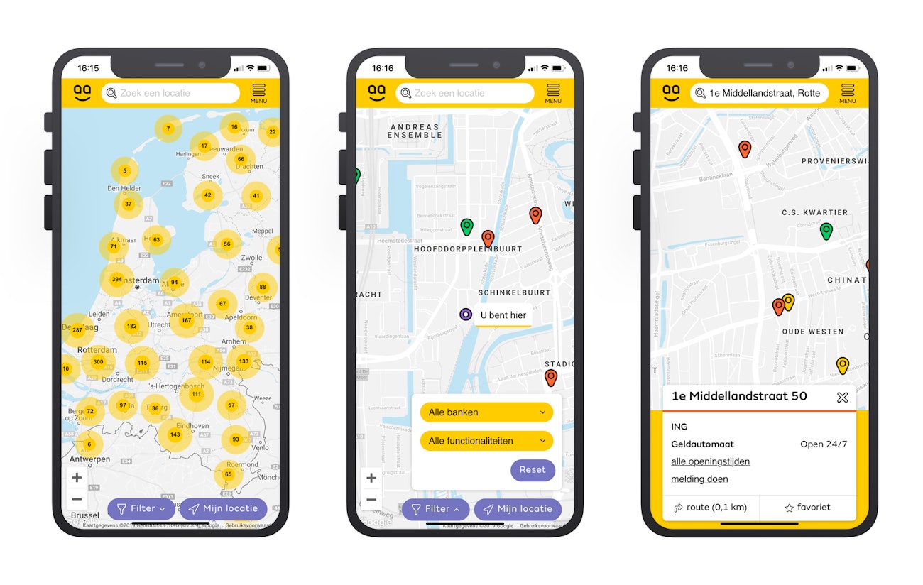 Drie mobiele schermen van de locatiewijzer